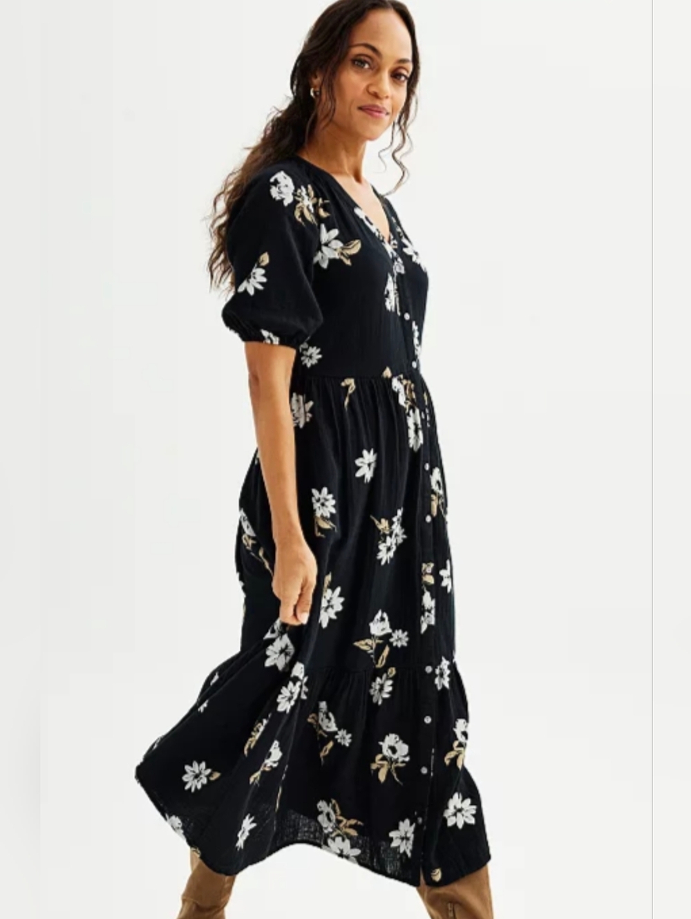 Sonoma Black Floral Midi Dress 3X Button Front Pockets Boho Cottagecore NWT